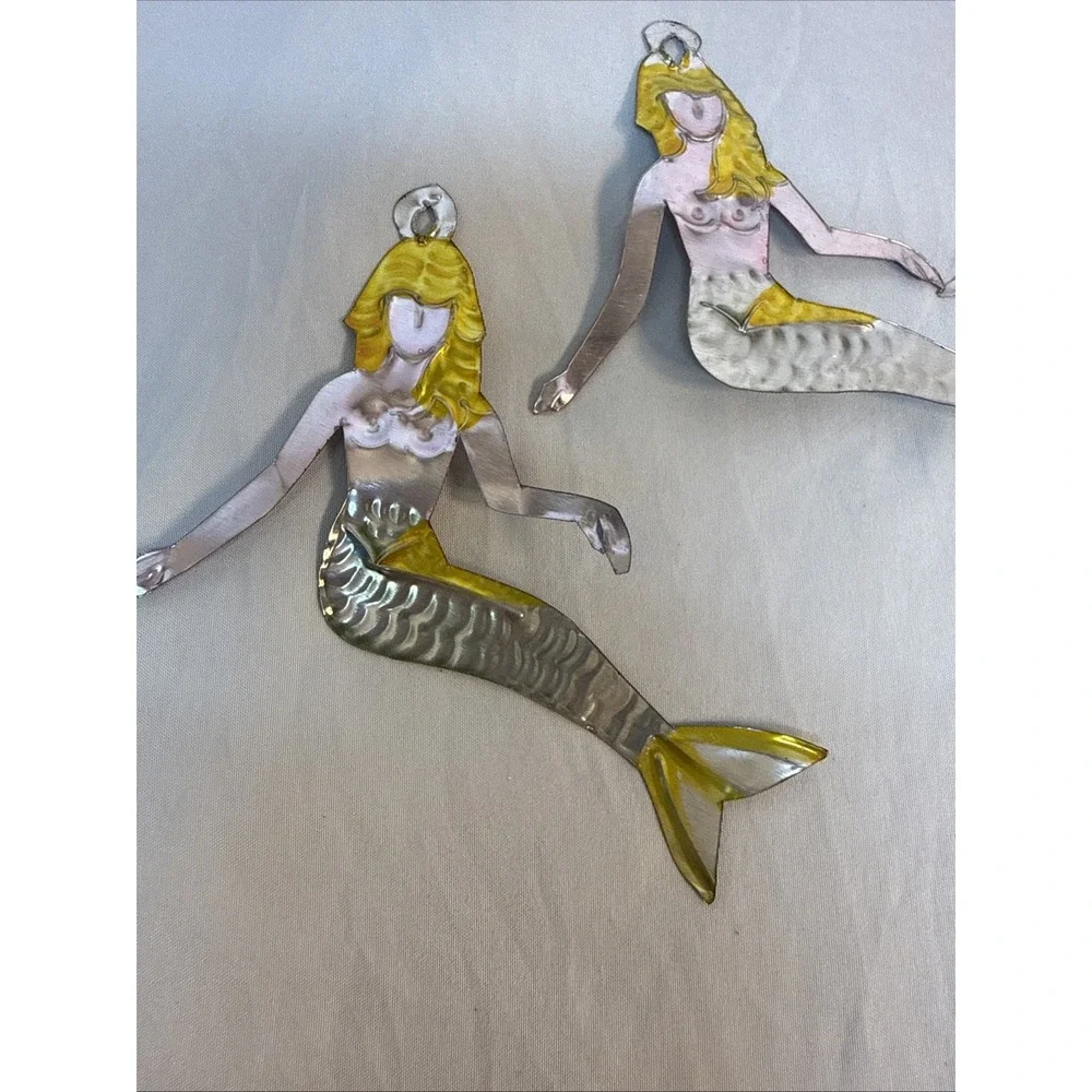 Vintage 3 Metal Mermaids Wall Decor Art Trio Gold Silver Toned Coastal Nautical